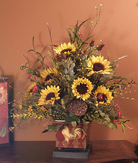 Golden Sunflowers in Rooster Planter
